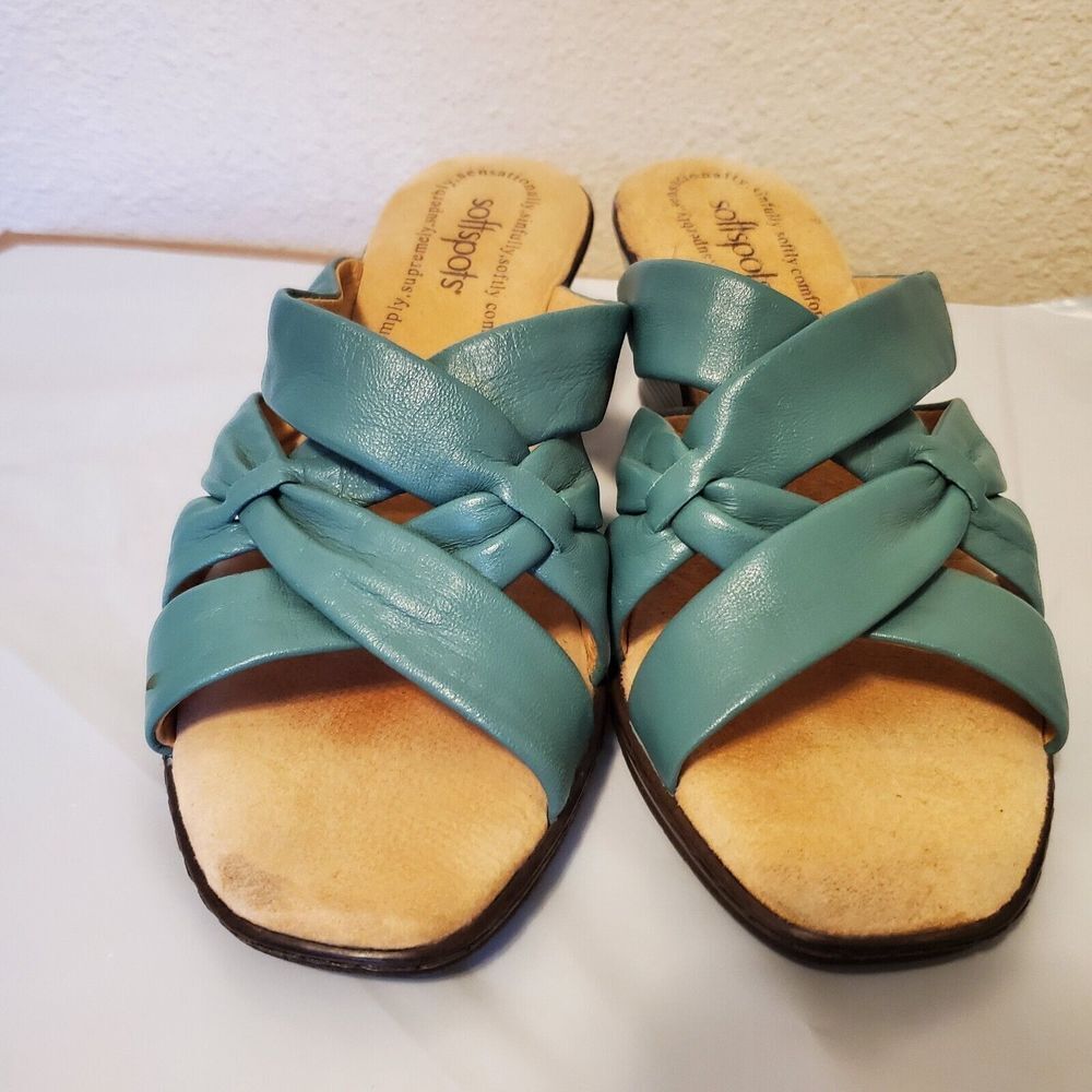 Softspots Sandals Green Criss-Cross Open Toe Leather Size 7M Soft Straps